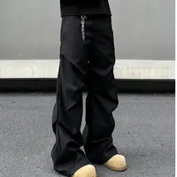 X826 美式复古黑色西裤工装男款褶皱垂感微喇休闲裤子