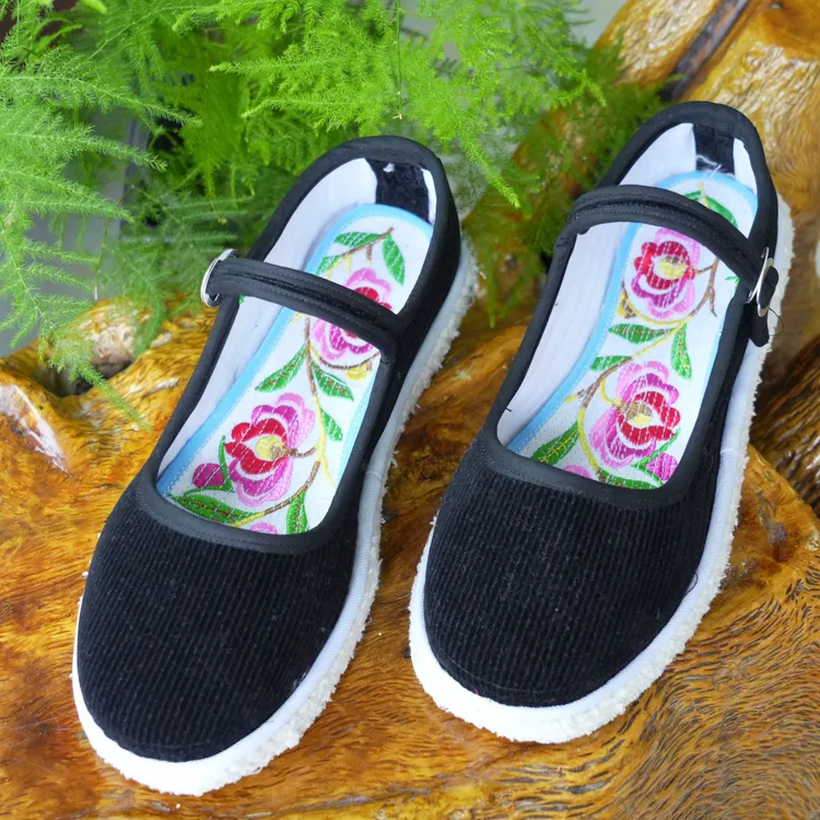 女士灯芯绒·西装绒·黑色方口鞋纯手工纳底