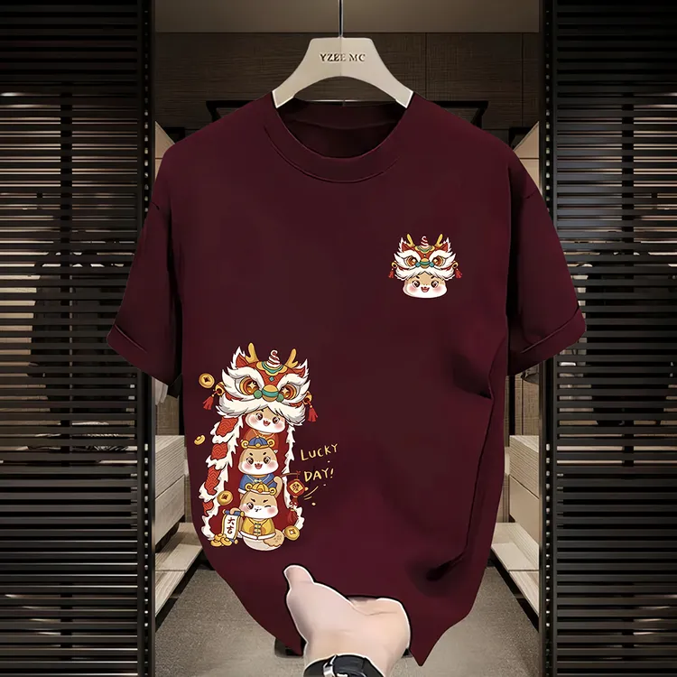 赫库森2025新款潮牌纯棉T恤圆领上衣印花时尚国潮新年短袖打底衫