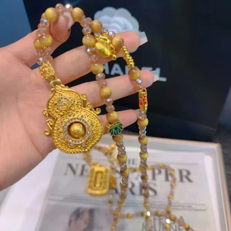 铜合金珐琅项链 新中式旋转葫芦镶钻女王莲花鱼长款项链