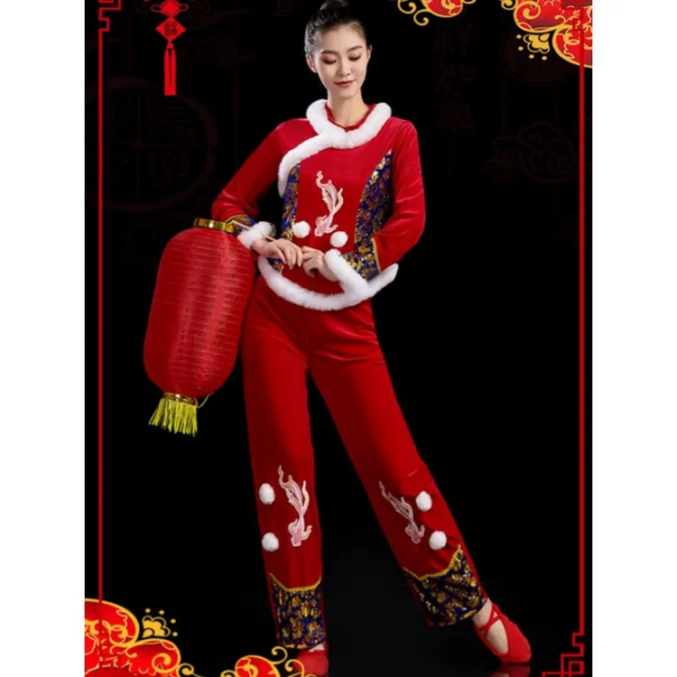 广场舞服装新款古典中国风舞蹈服红色喜庆衣服秧歌服打鼓舞演出服