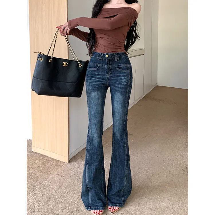 辣妹深海蓝微喇牛仔裤女2025秋季新款低腰紧身显瘦长腿百搭喇叭裤
