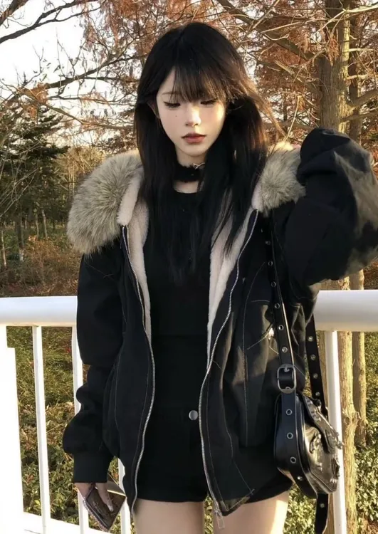 美式街头甜酷风座山雕外套加绒加厚冬季新款连帽棉服女派克服