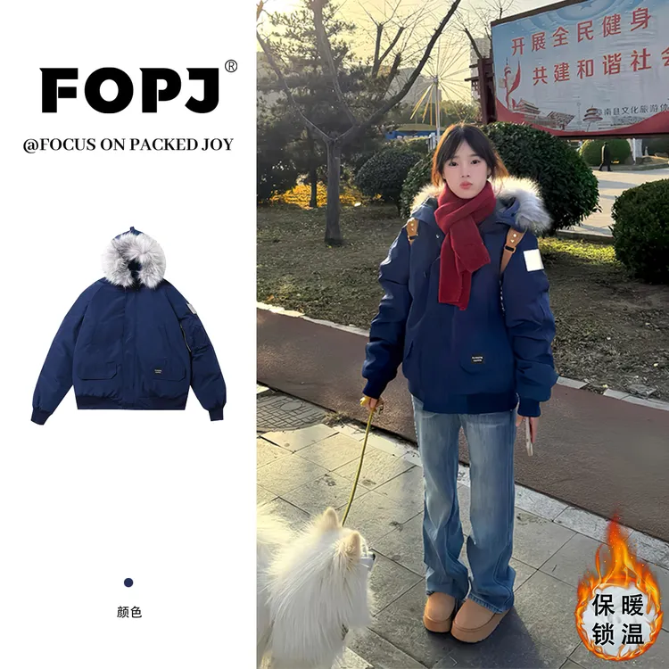 FOPJ座山雕防风连帽毛领派克服棉服女新款冬季韩版加厚保暖外套