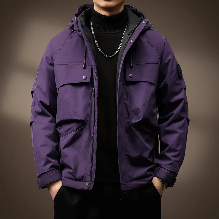 高端宽松户外防风保暖男士冲锋衣秋冬新款简约复古连帽休闲棉衣男