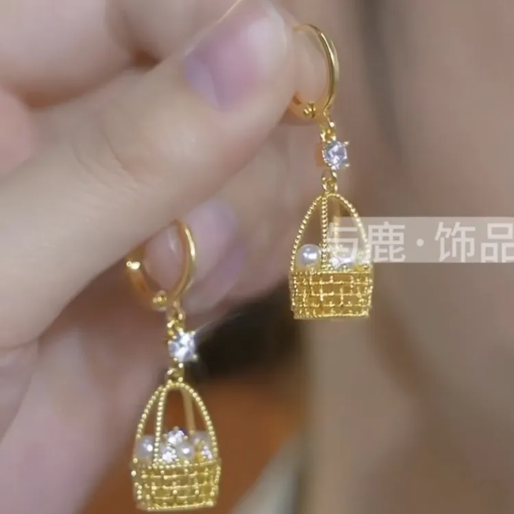 铜合金合成锆石耳饰 编织花篮耳环时尚夸张百搭耳钉女小众精致
