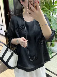 【安姬迩·自制】YM-0083苎麻蕾丝上衣法式轻奢高级感显瘦衬衫