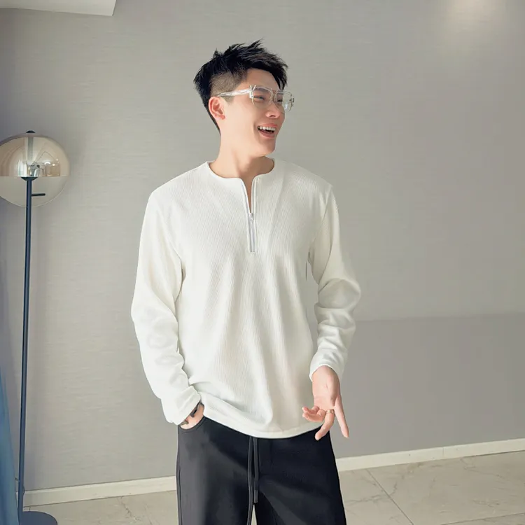 朱渣渣春季韩国宽松半拉链打底衫T恤男长袖上衣潮牌纯色内搭体恤