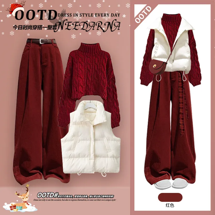冬季氛围感穿搭套装高领针织毛衣白色棉服马甲休闲裤三件套女装