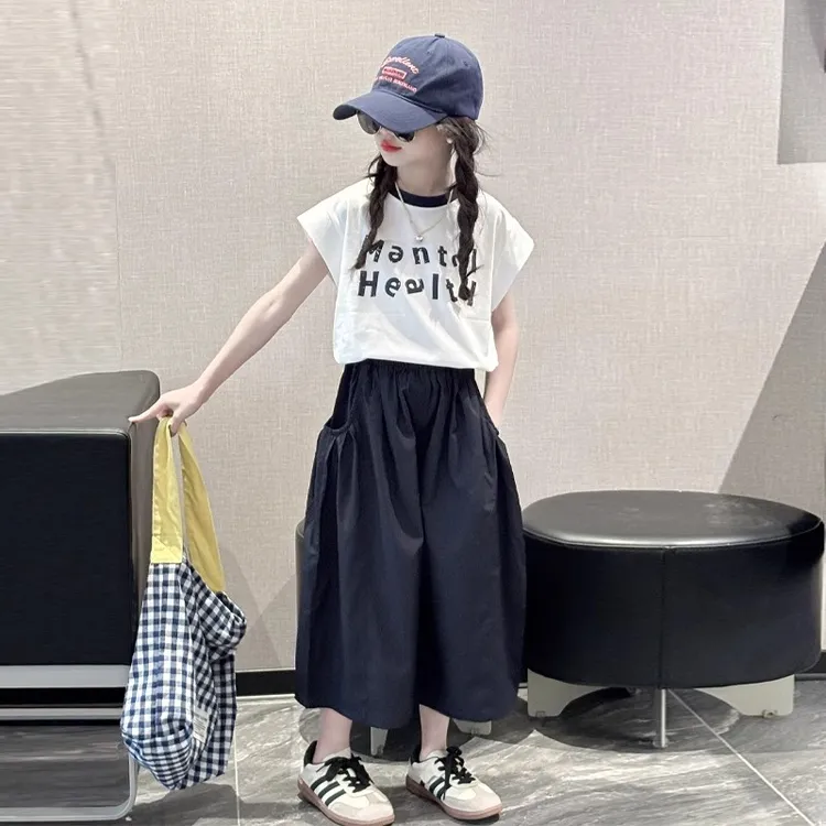 女童夏装套装2025新款儿童洋气时髦短袖t中大童夏季阔腿裤两件套