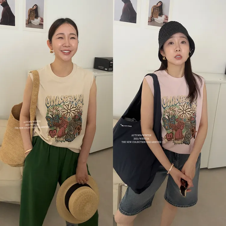 widelia陈姬儿夏季复古美式卡通印花无袖T恤宽松坎肩背心上衣7296