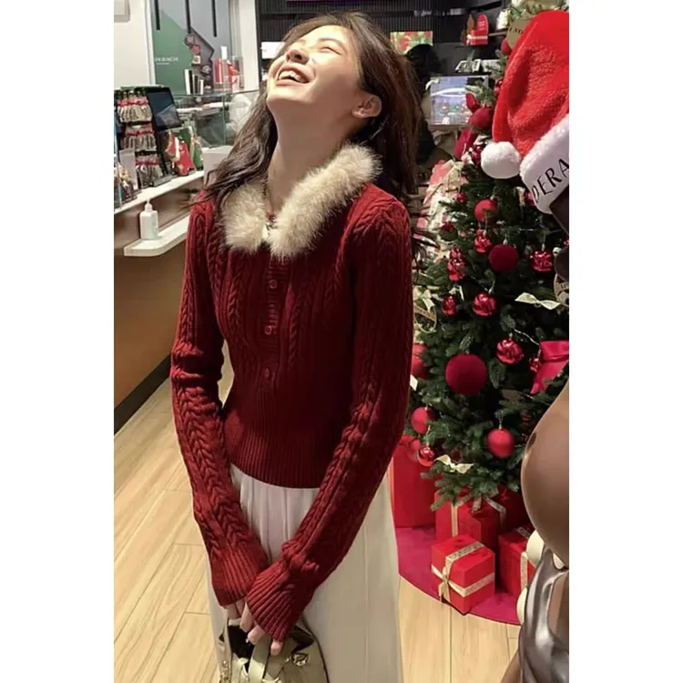 冬季韩系简约红色气质百搭显瘦针织衫可拆卸毛领麻花保暖毛衣女