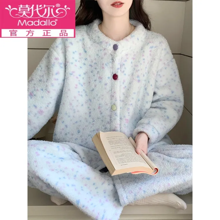 莫代尔半边绒软糯睡衣女士2025新款秋冬季珊瑚绒加绒加厚冬天保暖