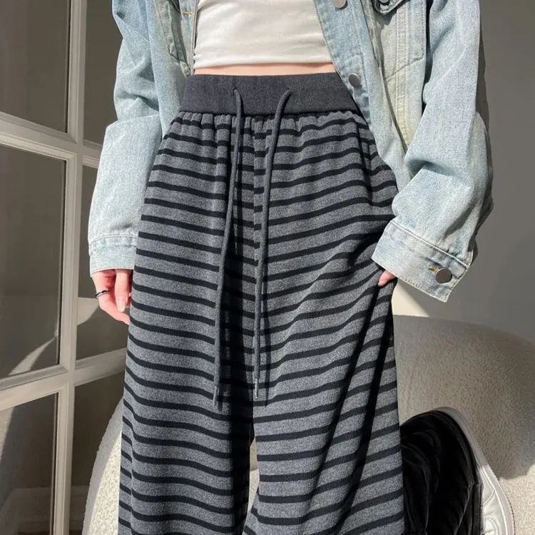 大码胖m200斤复古条纹阔腿裤女春秋冬高腰宽松显瘦慵懒垂感休闲裤