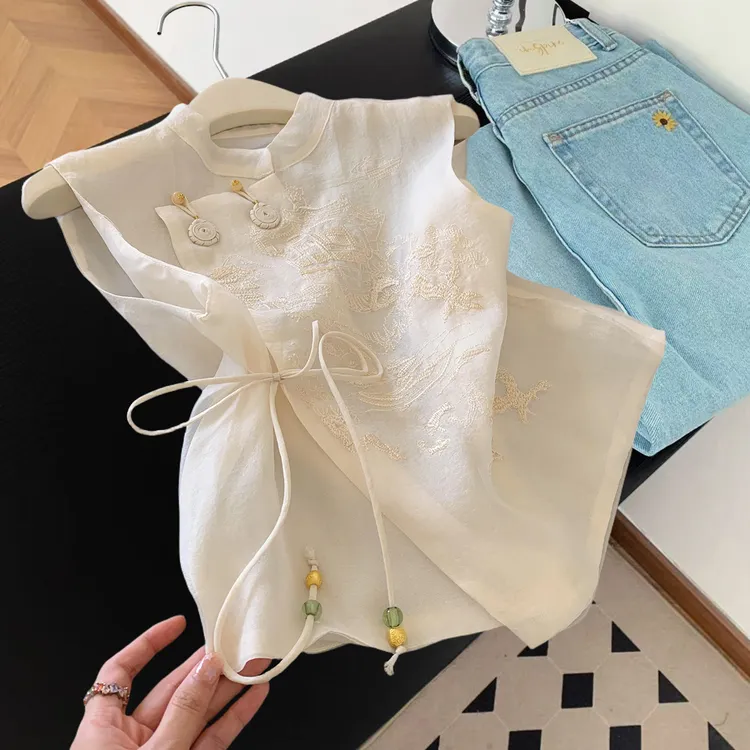 新中式国风轻奢气质绑带无袖衬衫女夏季高级感绑带盘扣刺绣上衣潮