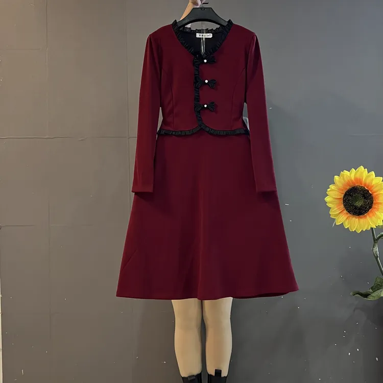 新款时尚简约花边领复古盘扣拼接假两件收腰显瘦中长款连衣裙