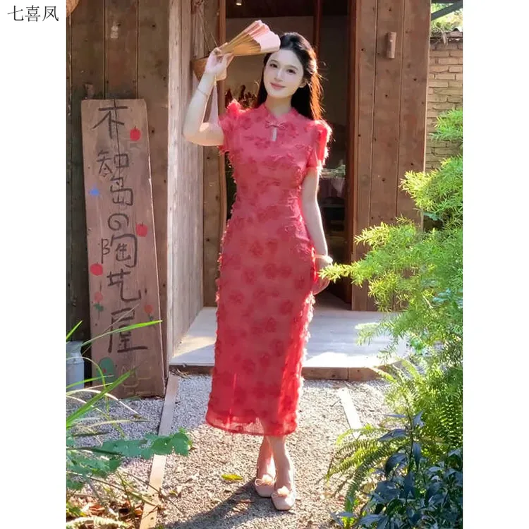 新款独特漂亮长裙新中式粉色连衣裙流行爆款掐腰无袖夏季