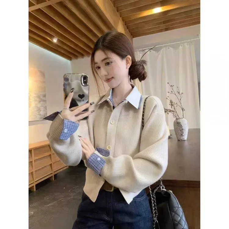 学院风假两件拼接格子针织开衫女秋冬季法式翻领撞色正肩上衣外套