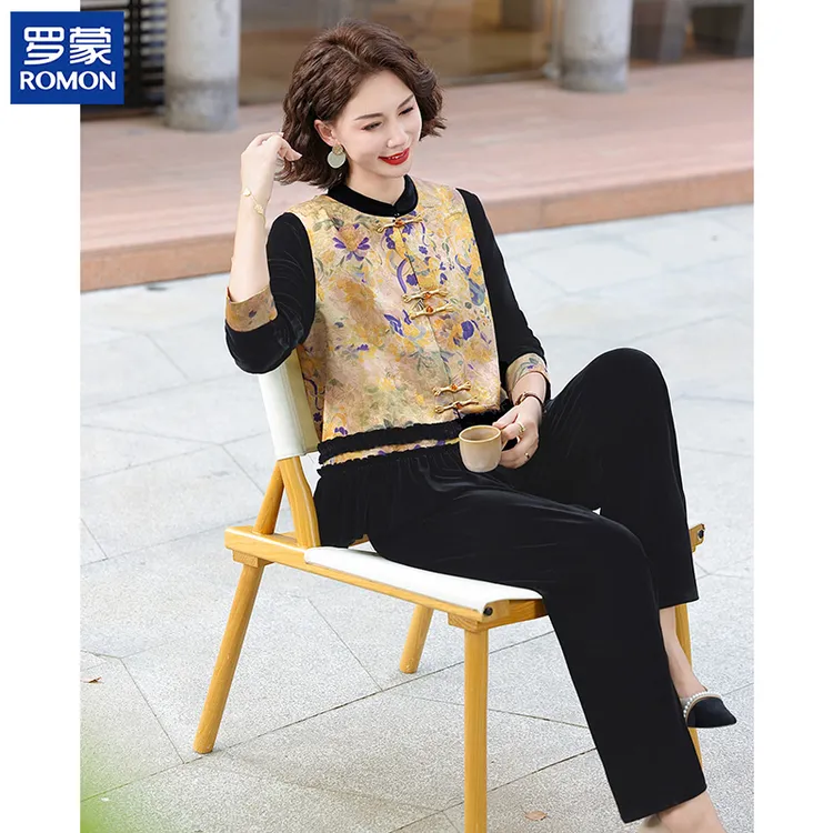 罗蒙洋气妈妈秋装时尚金丝绒套装中老年女秋季三件套中年印花马甲