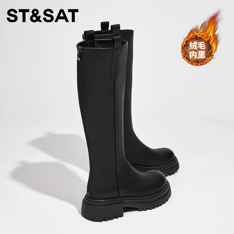 星期六大筒围长筒靴女秋冬显瘦高筒靴粗腿胖mm骑士靴英伦风直筒靴