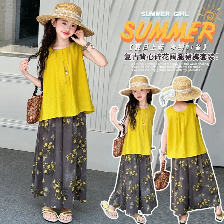 女童雪纺碎花裙裤套装夏季无袖背心韩系阔腿裤宽松两件套套装2025