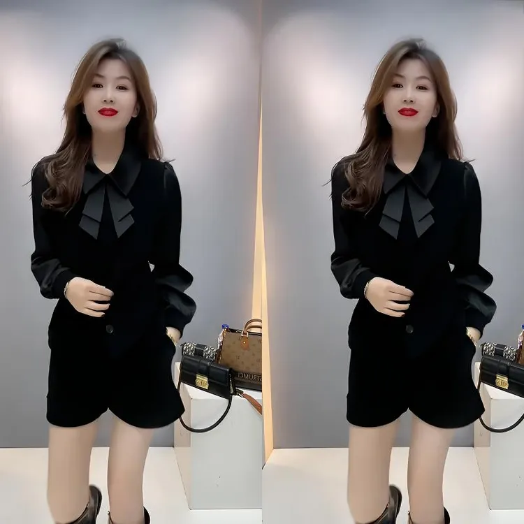 冬季长袖时尚套装女秋冬新款洋气百搭气质显瘦蝴蝶上衣短裤套装B