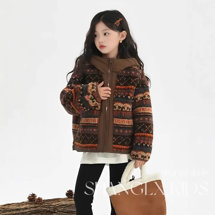 女童费尔岛夹棉保暖外套2025新款8-15岁中大童洋气加厚毛毛衣棉服