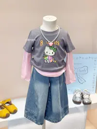 女童秋装KT猫叠穿假两件T恤牛仔阔腿裤套装女宝洋气长袖打底衫潮