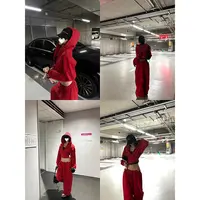 红色连帽卫衣辣妹短款开衫外套+抽绳卫裤套装女 81231
