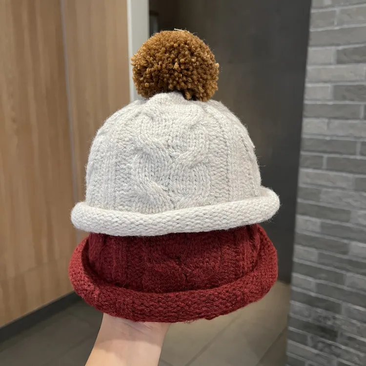 【韩系小主角】宝宝帽子秋冬可爱麻花毛球针织男女童卷边保暖毛线帽