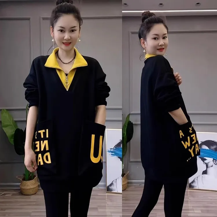 时尚长袖卫衣女秋季新款韩版大码宽松中长款立领口袋印花休闲上衣