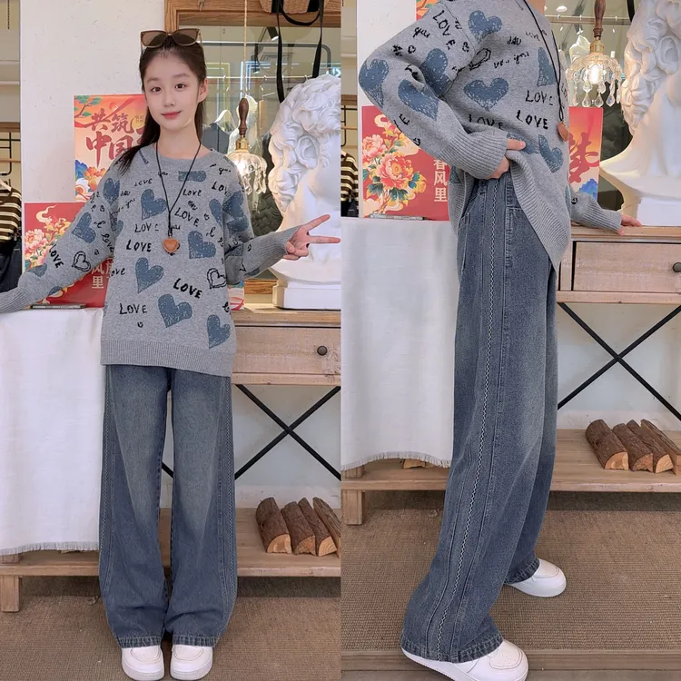 童装牛仔裤女孩秋冬套装森系套头常规款毛衣牛仔直筒裤中大童秋冬