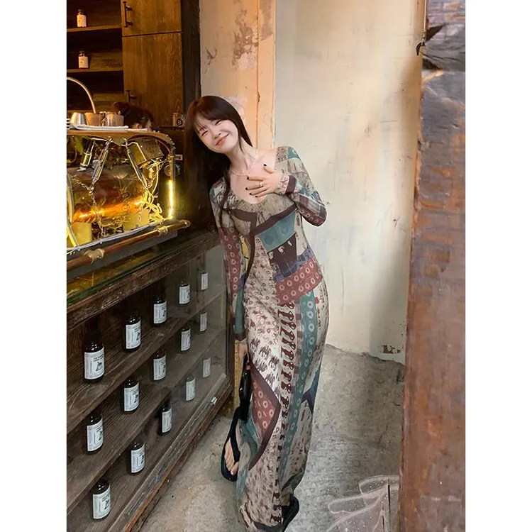 轻奢网红款【入梦油画】中古风性感优雅气质连衣裙不规则印花长裙子