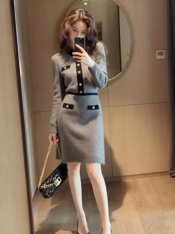 巨好看的早秋气质清冷富家千金高级感出席重要场合灰色针织连衣裙