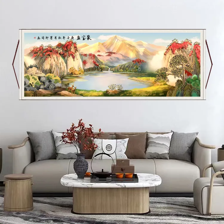 丈二《聚宝盆》大气背景墙横幅挂画国风山水靠山风景装饰画艺术F6