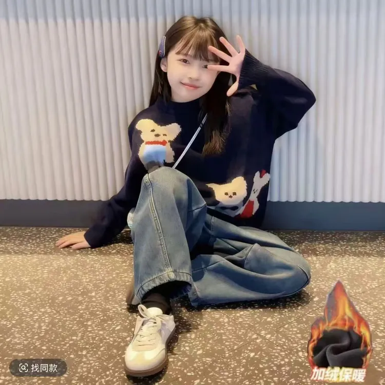 女童2025新款秋冬季韩版小熊宽松甜美毛衣潮品加绒牛仔裤裤套装