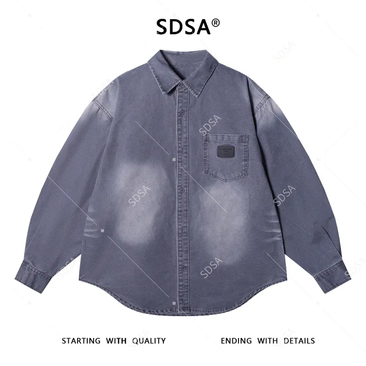 SDSA男士秋冬新款痞帅男装时尚韩版做旧纽扣翻领牛仔长袖衬衫百搭