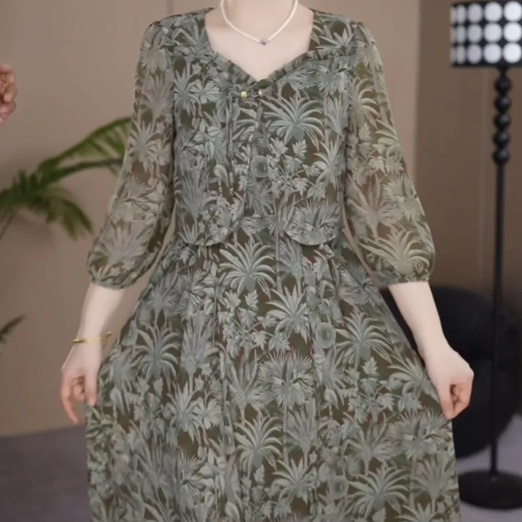 珍珠琉璃丝连衣裙2025新款女装春季高档时尚气质大码显瘦碎花裙子