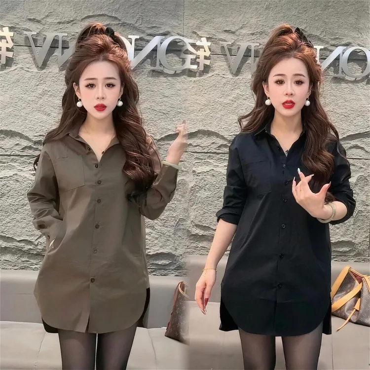 2025冬季新款长款拼接常规款打底收腰小众衬衫领女装时尚纯色衬衫