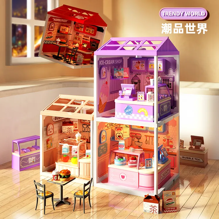 手工diy拼装冰淇淋小店积木益智拼装蛋糕屋展示灯光小屋女孩礼物