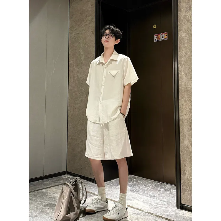 HN潮牌-【莱赛尔天丝】夏季薄款亚麻混纺透气衬衫短袖套装两件套男