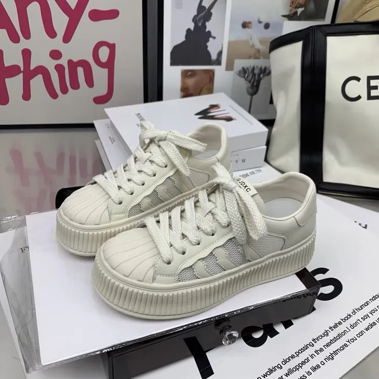 欧洲站2025年夏季新款厚底小白鞋真皮网面透气休闲贝壳头百搭女鞋