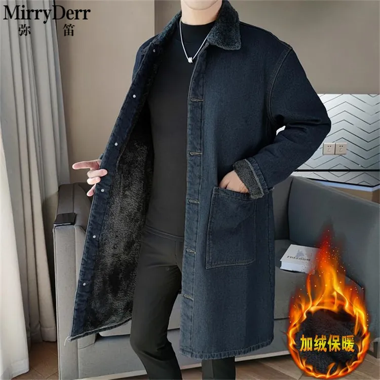 棉衣外套男士冬装外穿潮牌中长款加绒加厚大衣翻领牛仔风衣