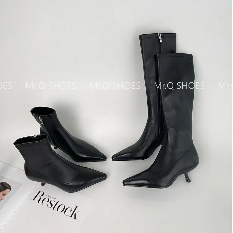 34-40码/跟高5.5cm/黑棕杏/秋冬极简显瘦弹力羊皮细跟时装靴