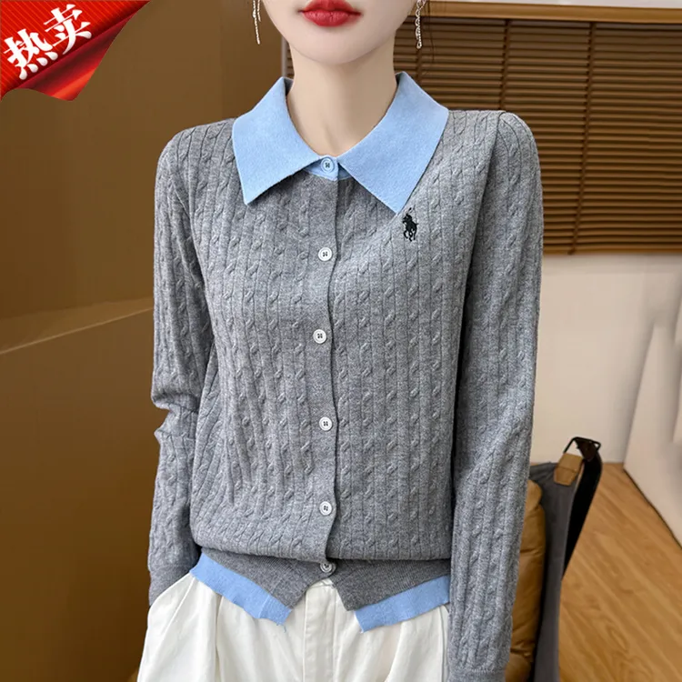 时尚品牌正品商务风polo领麻花针织衬衫女撞色刺绣上衣外搭秋冬