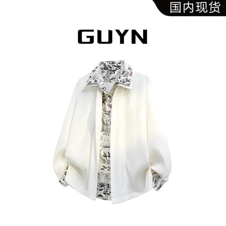 【品牌现货】GUYN秋季新款拼接撞色印花翻领衬衫夹克男美式休闲百搭