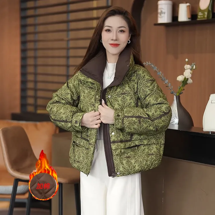 棉衣加厚女面包服厚款短款外套立领百搭印花复古冬装棉服宽松上衣