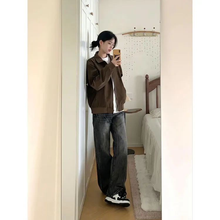 美式复古咖啡色外套男女秋季小众铆钉短款棒球服cleanfit正肩夹克