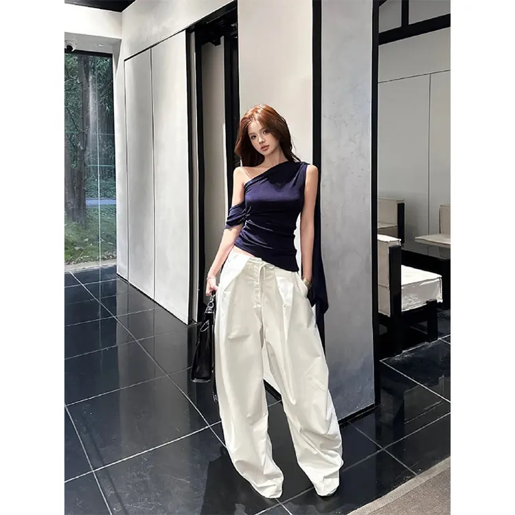 2025春季新款修身显瘦简约百搭气质时尚斜肩飘带上衣休闲宽松长裤