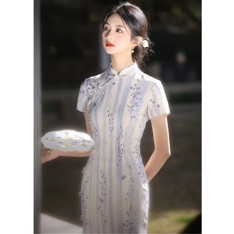 竹节麻少女旗袍 贝佳斯春夏显瘦民国旗袍长款改良连衣裙3282